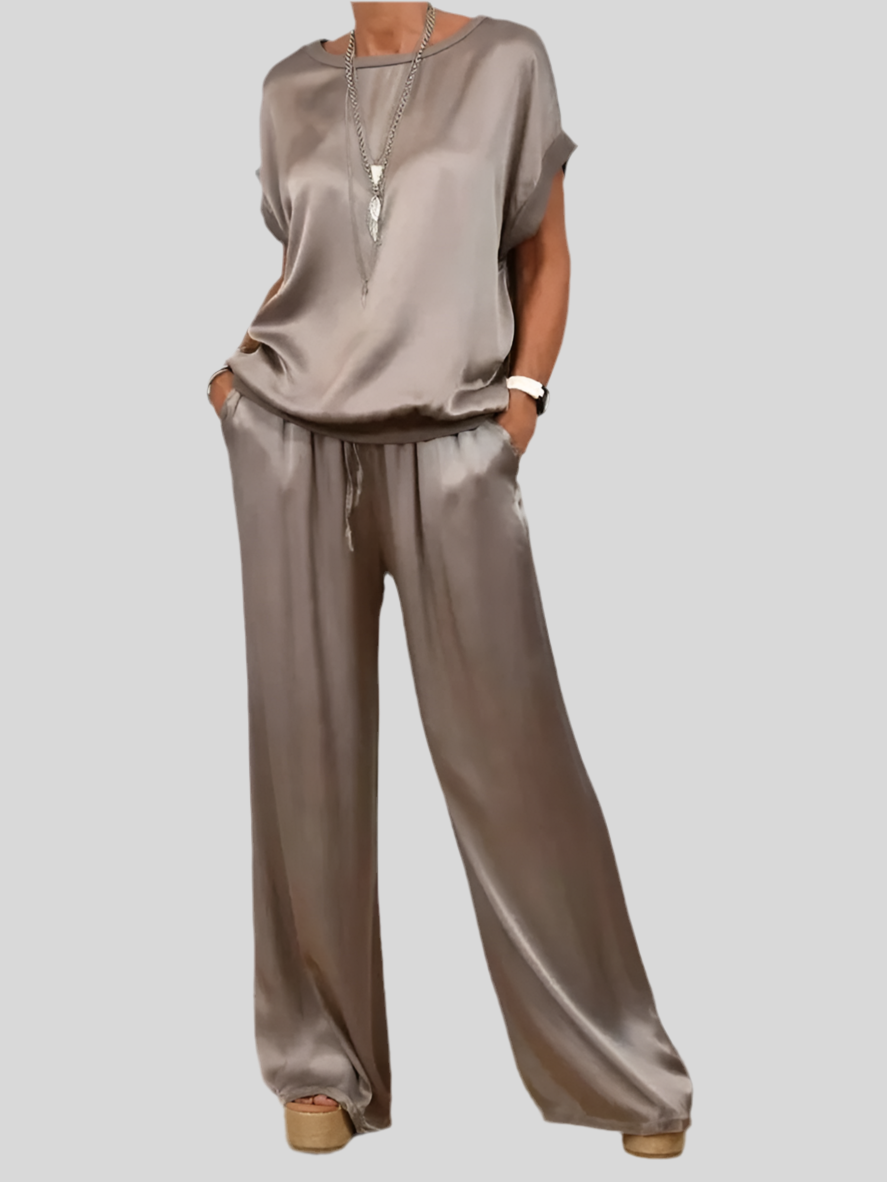 Women's Summer Satin Set – T-shirt and Wide Leg Pants
