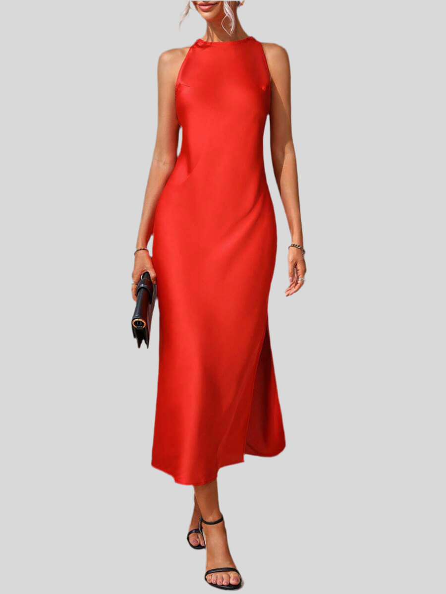 Elegant Green Silk Maxi Dress with Slit