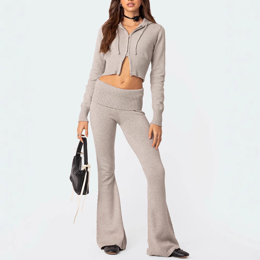 Women's Knitted Set – Zip-Up Hooded Top & Flared Pants