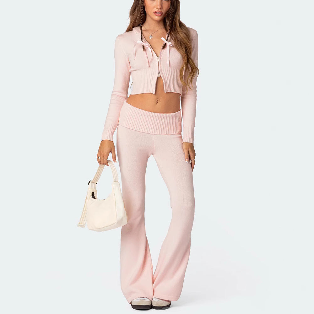 Women's Knitted Set – Zip-Up Hooded Top & Flared Pants