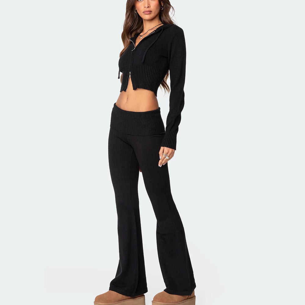 Women's Knitted Set – Zip-Up Hooded Top & Flared Pants