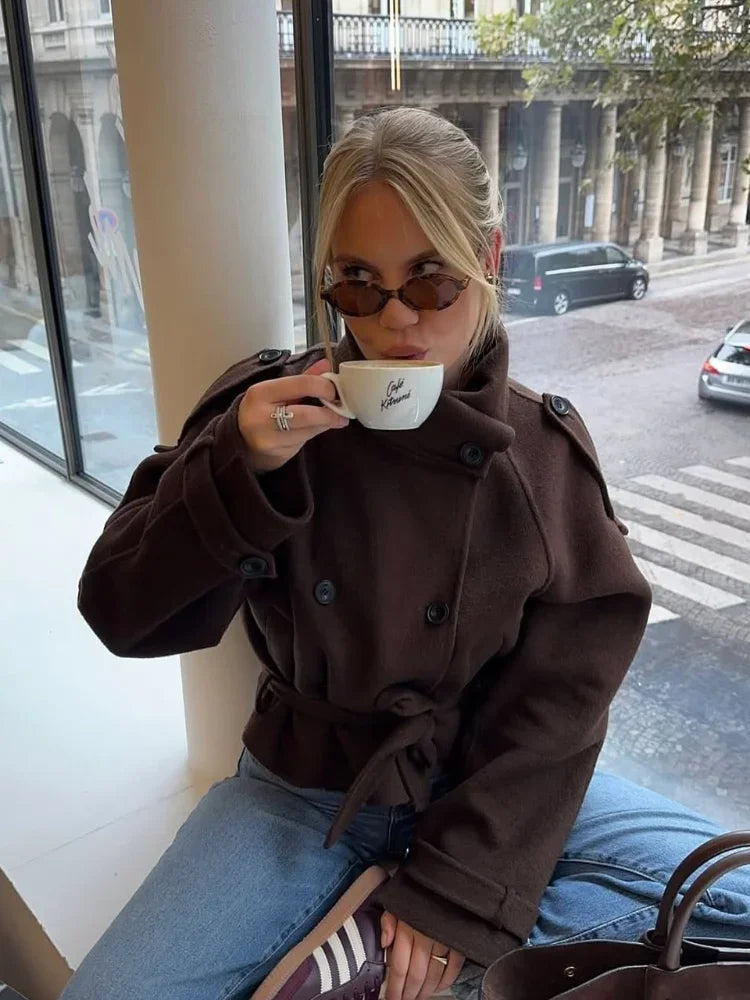 Women's Stand Collar Woolen Short Coat Double-breasted Commuter Jackets Lace Up Fashion Autumn 2025 Chic Style Lady Outerwears