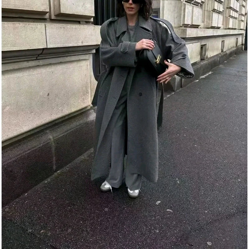 Autumn New Arrival Women's Retro Sle Long Sve Turn-down Collar Double-breasted Coat with Belt Woolen Coat Outerwear