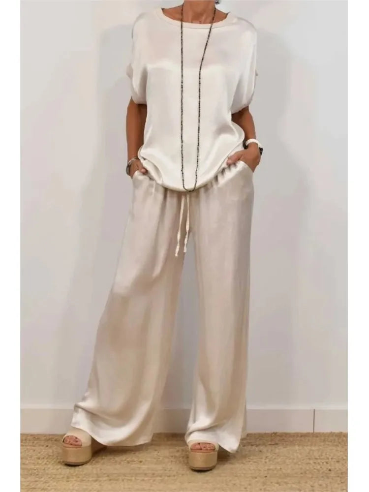 Women's Summer Satin Set – T-shirt and Wide Leg Pants