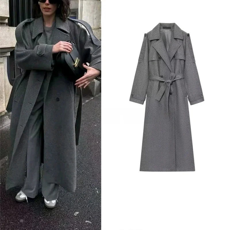 Autumn New Arrival Women's Retro Sle Long Sve Turn-down Collar Double-breasted Coat with Belt Woolen Coat Outerwear