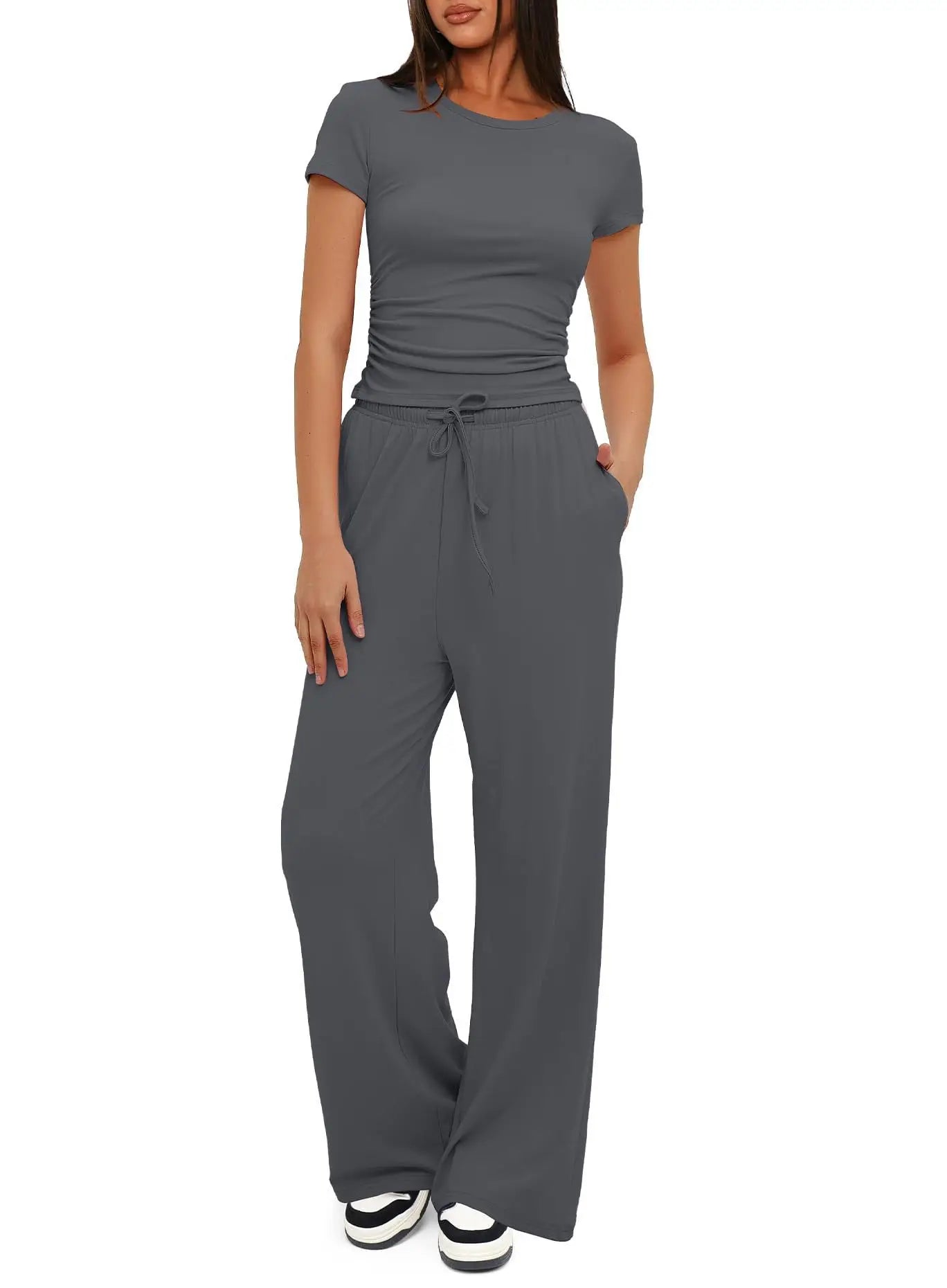 Women's Fashion 2-Piece Set – Pleated Top and Sport Pants