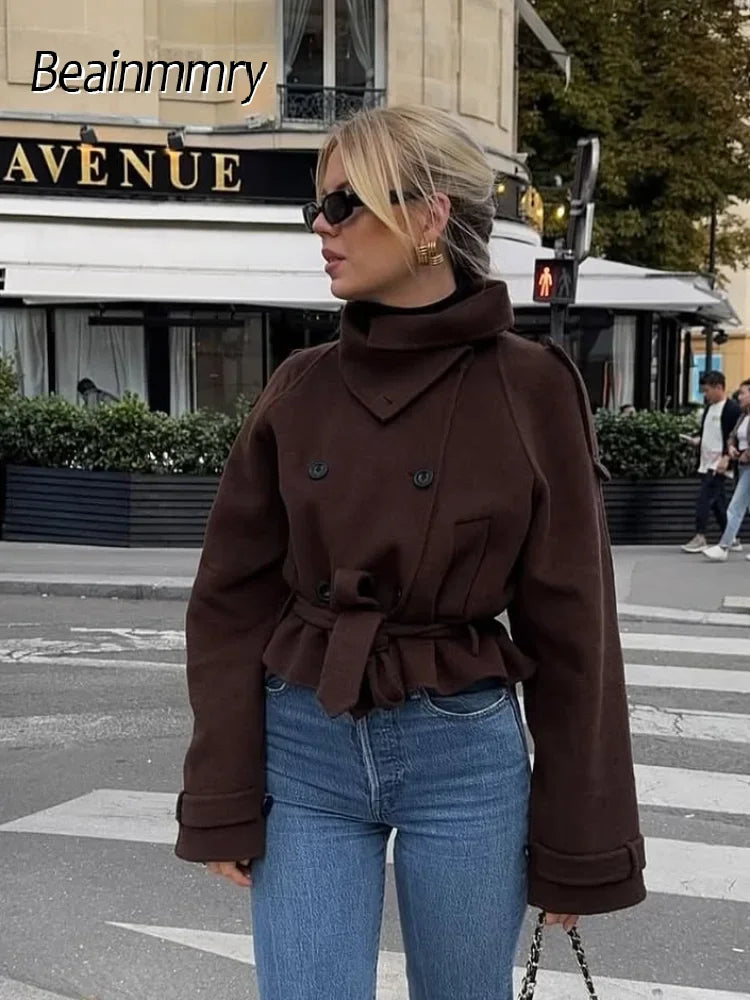 Women's Stand Collar Woolen Short Coat Double-breasted Commuter Jackets Lace Up Fashion Autumn 2025 Chic Style Lady Outerwears