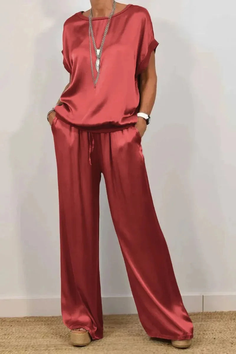 Women's Summer Satin Set – T-shirt and Wide Leg Pants