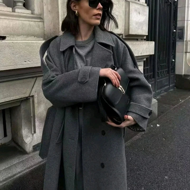 Autumn New Arrival Women's Retro Sle Long Sve Turn-down Collar Double-breasted Coat with Belt Woolen Coat Outerwear