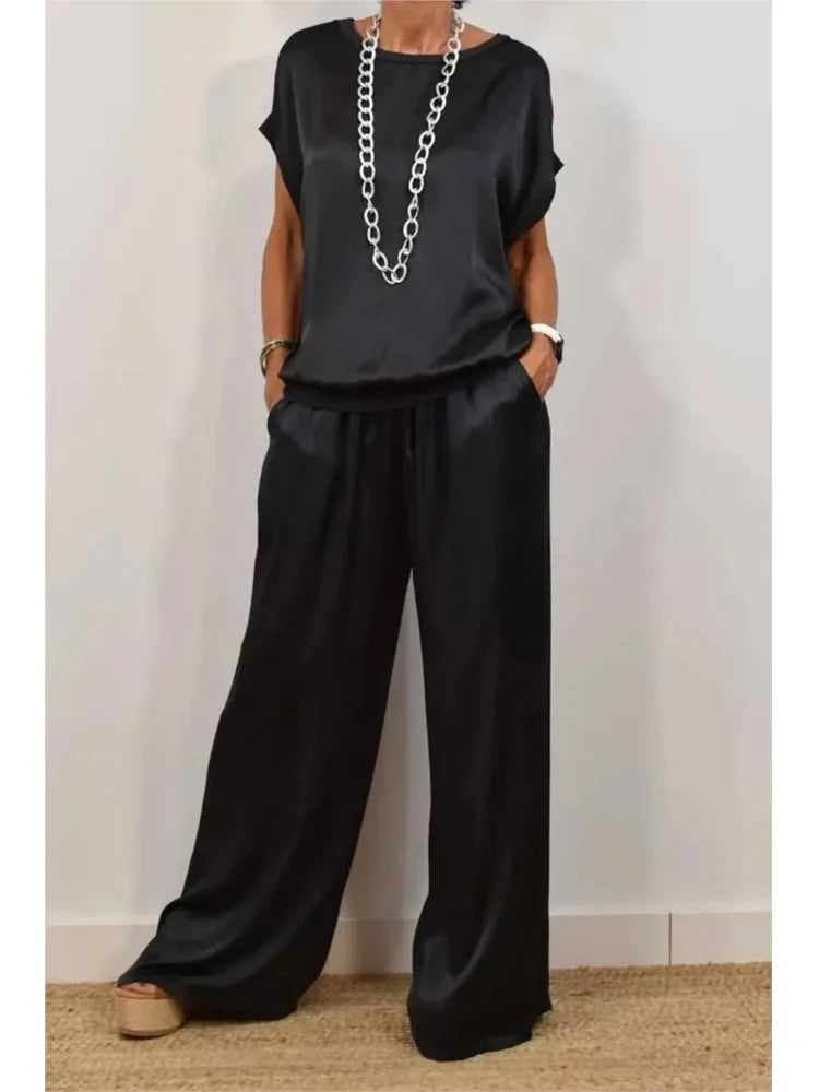 Women's Summer Satin Set – T-shirt and Wide Leg Pants