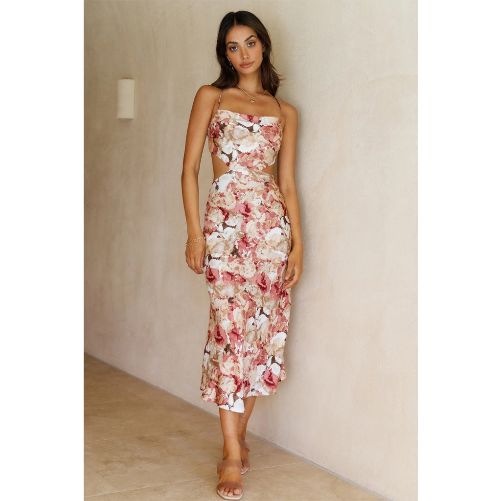 Summer Dress with Thin Straps – Floral Print and Open Back