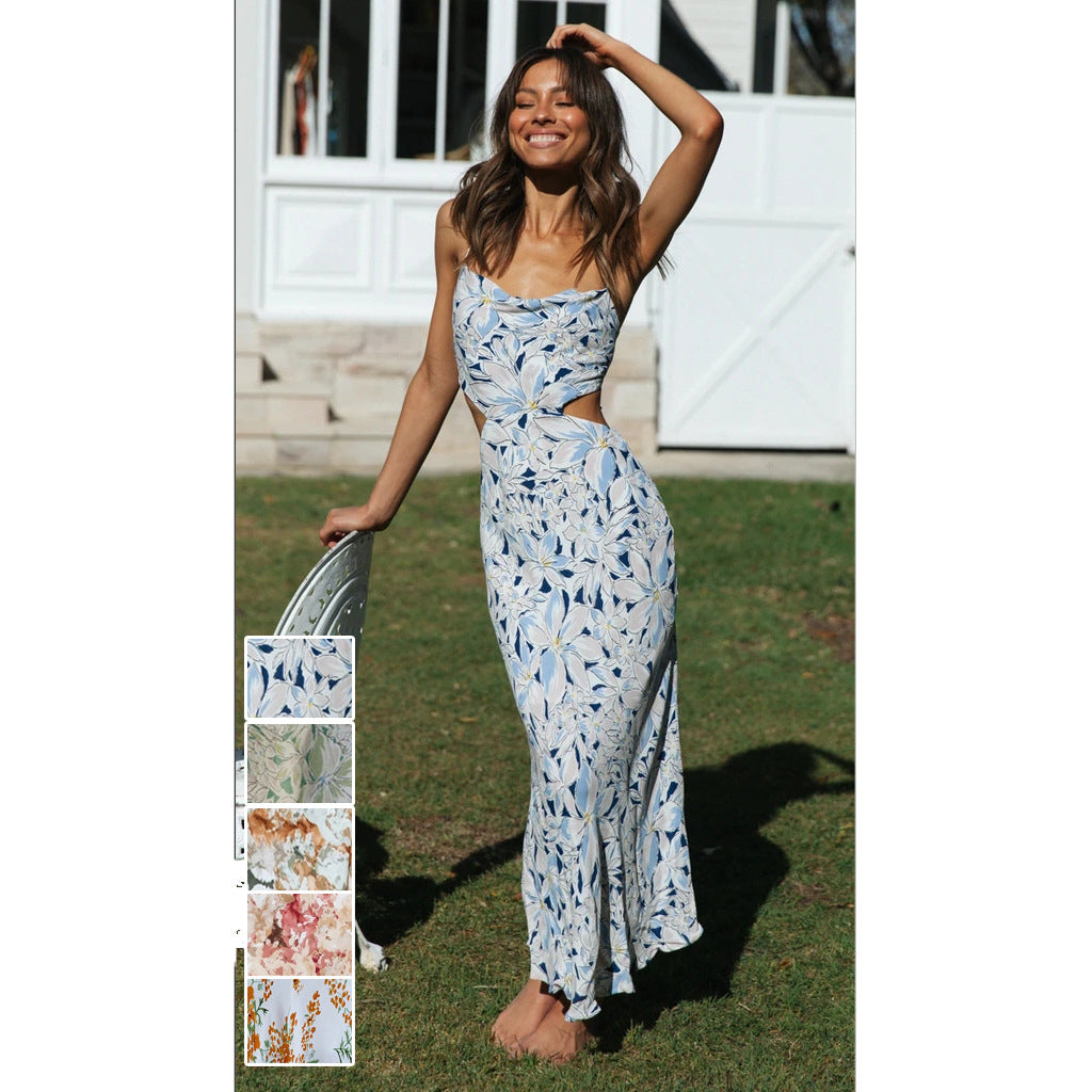 Summer Dress with Thin Straps – Floral Print and Open Back